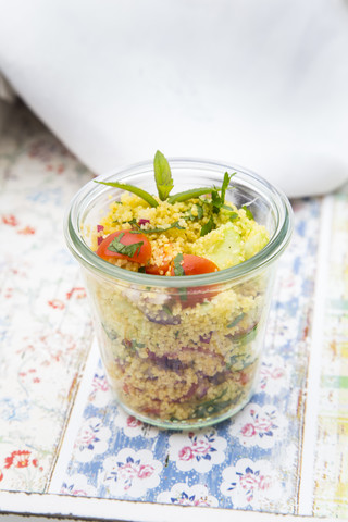 Glass of couscous salad stock photo