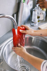 Frauenhände reinigen rote Paprika mit fließendem Wasser - EBSF000708