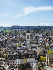 Schweiz, Schaffhausen, Blick auf die historische Altstadt mit dem Kirchturm von St. Johann - KRPF001506