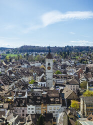 Switzerland, Schaffhausen, view to the historic old town with church spire of St John - KRPF001506