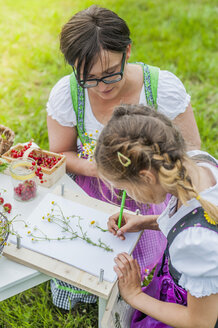 Deutschland, Sachsen, Mädchen im Dirndl lernt Pflanzen zu zeichnen - MJF001607