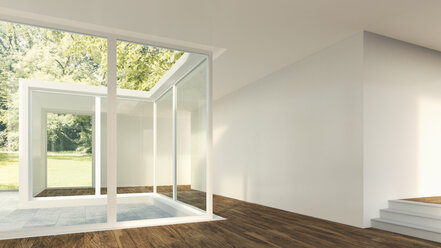 3D Rendering of modern home interior with view to garden - UWF000539