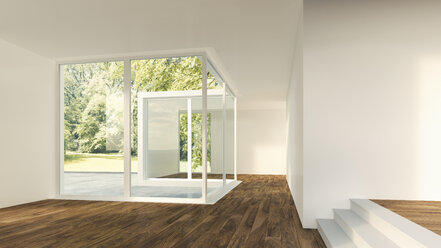 3D Rendering of modern home interior with view to garden - UWF000540