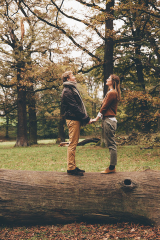 Junges verliebtes Paar, das sich auf einem Baumstamm in einem herbstlichen Park an den Händen hält, lizenzfreies Stockfoto