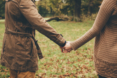 Junges verliebtes Paar, das sich in einem herbstlichen Park die Hände hält, Nahaufnahme - CHAF000211
