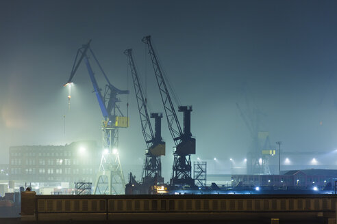 Deutschland, Hamburg, Hafenkräne im Hamburger Hafen bei Nacht - TAMF000080