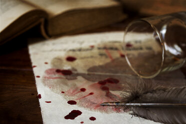 Letter on parchment paper with blood drops, fallen whiskey glass and quill - MID000482