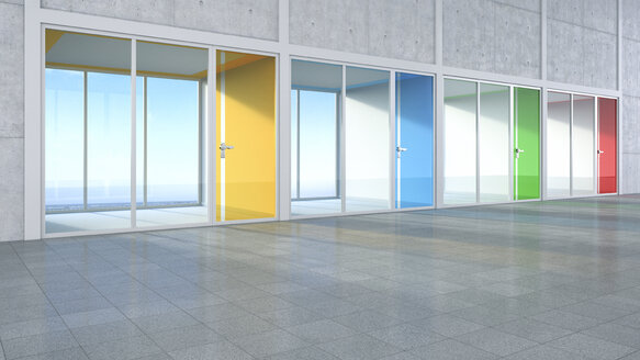 3D Rendring, moderne Architektur, Büros, bunte Glastüren, Innenhof - UWF000545