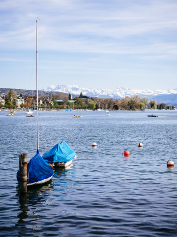 Schweiz, Zürich, Zürichsee, Alpen im Hintergrund, lizenzfreies Stockfoto