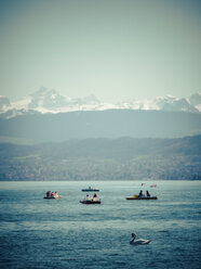 Switzerland, Zurich, Lake Zurich with boats and swan, Alps in the background - KRPF001532