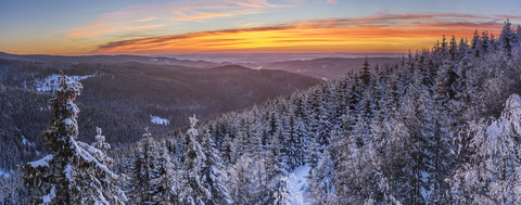 Deutschland, Sachsen-Anhalt, Nationalpark Harz, Landschaft im Winter bei Sonnenuntergang, lizenzfreies Stockfoto