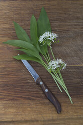 Frischer Bärlauch, Blüten und Küchenmesser auf Holz - CRF002697