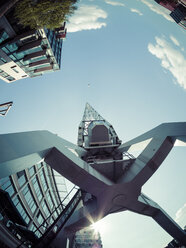 Germany, Hamburg, Hafencity, Old harbour crane against the sun, fisheye - KRPF001442