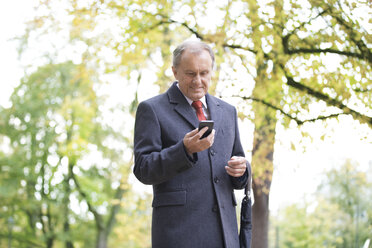 Lächelnder Geschäftsmann in einem Park, der auf sein Handy schaut - WESTF021345