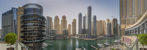 UAE, Dubai, panoramic view of Dubai Marina stock photo