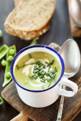 Enamel cup of pea soup with chives - SBDF002141