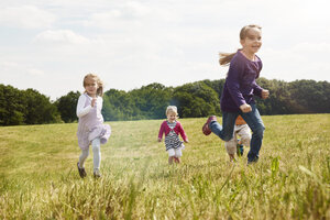 Vier kleine Kinder laufen auf einer Wiese - STKF001321
