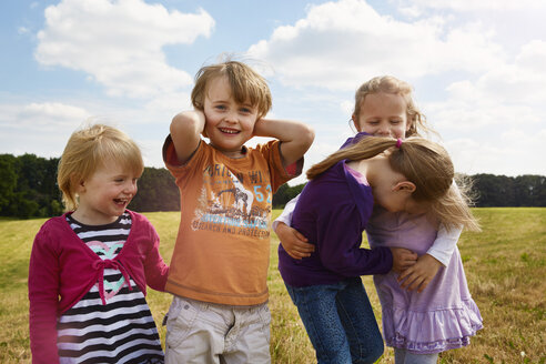 Vier kleine Kinder spielen auf einer Wiese - STKF001324