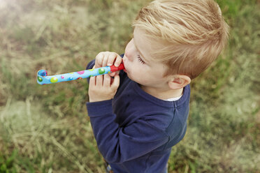 Little boy with party blowout on a meadow - STKF001366