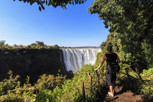 Südliches Afrika, Simbabwe, Tourist mit Blick auf die Victoriafälle - FOF008256