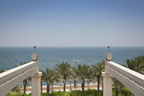 United Arab Emirates, Dubai, End of Monorail tracks right in front of persian gulf coastline - NKF000310