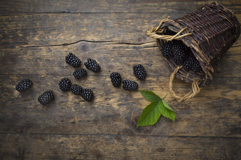 Weidenkorb. Brombeeren und ein Blatt auf Holz - LVF003690