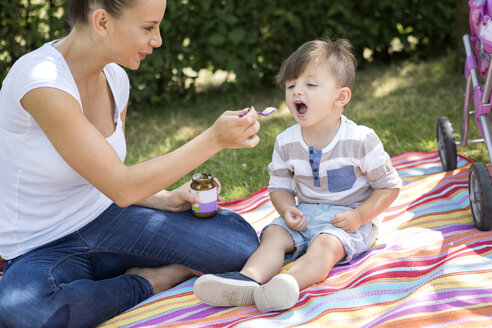 Mother feeding her little son on a blanket - GDF000821