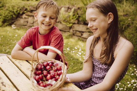 Mädchen und Junge sehen sich einen Korb mit Kirschen im Garten an, lizenzfreies Stockfoto