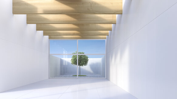Blick durch eine weiße Halle auf einen einzelnen Baum in einem Innenhof, 3D Rendering - UWF000563