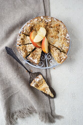 Apfelkuchen mit Streuseln und Zimt, Kuchenstück auf Tortenheber - MYF001088