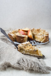 Apple cake with crumble and cinnamon, piece of cake on cake server - MYF001089