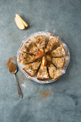 Apple cake with crumble and cinnamon on plate - MYF001090