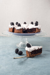 Geschnittener Schokoladenkuchen mit Sahne und Brombeeren - MYF001097