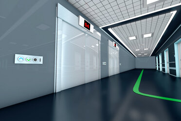 Korridor mit Leitsystem in einem modernen Krankenhaus, 3D Rendering - SPCF000056