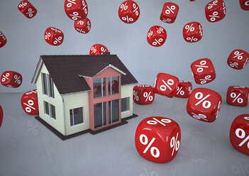 Residential house surrounded by percentage sign cubes, 3d illustration - ALF000564