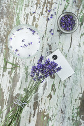 Bunch of fresh lavender, lavender salt in bowl - ASF005649