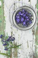 Fresh lavender flowers in bowl on wood - ASF005651