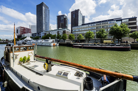 Niederlande, Rotterdam, Wijnhaven mit vertäuten Booten, lizenzfreies Stockfoto