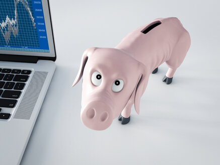 Dünnes Sparschwein neben Laptop mit Börsenkurs und vorwurfsvollem Blick auf den Betrachter - AHUF000024
