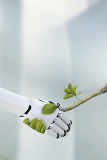 Robot hand and twig shaking hands, 3D Rendering - AHUF000027