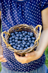 Kleines Mädchen hält Weidenkorb mit Blaubeeren - LVF003738