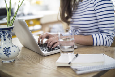 Junge Frau mit Laptop, die von zu Hause aus arbeitet - RIBF000240