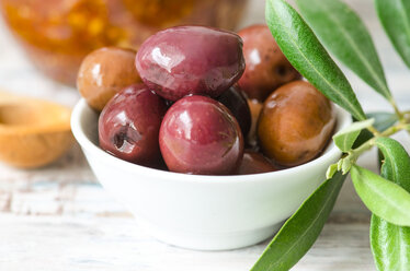 Bowl of black olives and olive twig - ODF001176