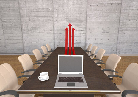 Tagungsraum mit Tisch, Stühlen, Laptop und roten Pfeilen, 3d-Illustration - ALF000586