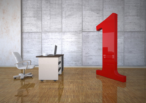 Business room with huge red number one, 3d illustration stock photo