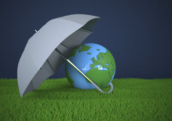 Globus mit Regenschirm auf grünem Rasen, 3d-Illustration - ALF000591