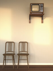 Hotel room with old TV and two wooden chairs at twilight, 3D Rendering - UWF000575