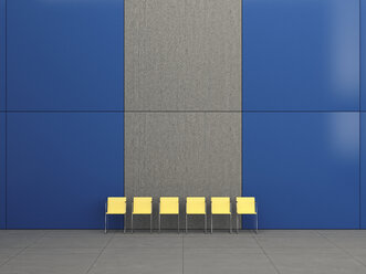 Reihe von sechs gelben Stühlen in einer Lobby, 3D Rendering - UWF000577