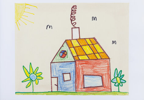 Child's drawing, colorful house and garden - GWF004351