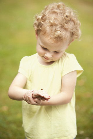 Little girl watching ladybird on her hand stock photo